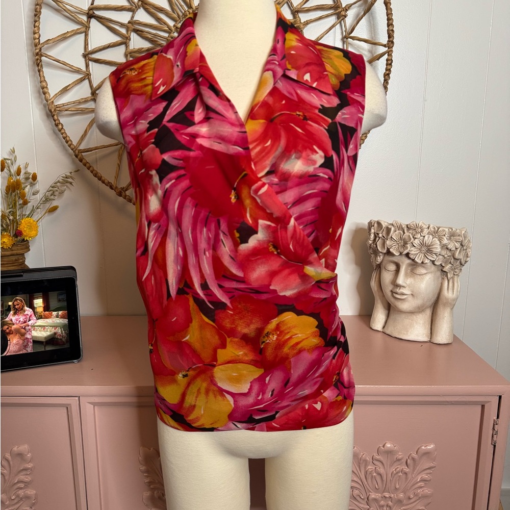 Doncaster Vibrant Floral Wrap Blouse - Red, Pink, and Orange